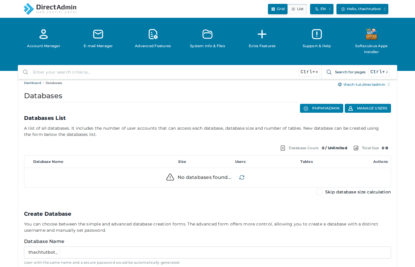 Hướng dẫn tạo database trên DirectAdmin 2 Trang quản lý Database trên DirectAdmin EVO