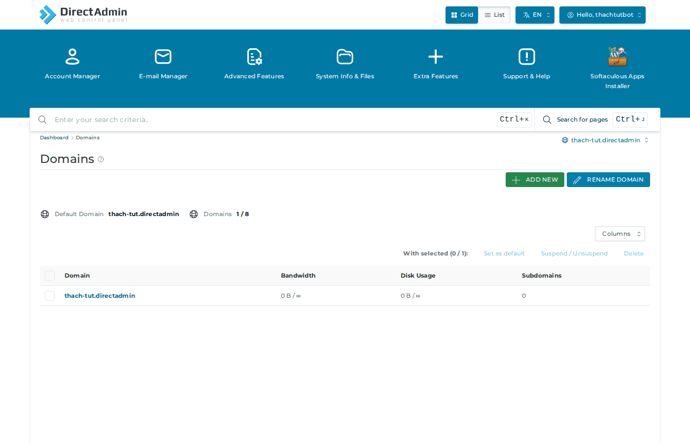 Hướng dẫn thêm addon domain và subdomain trên DirectAdmin 2 Trang quản lý Domain trên DirectAdmin EVO