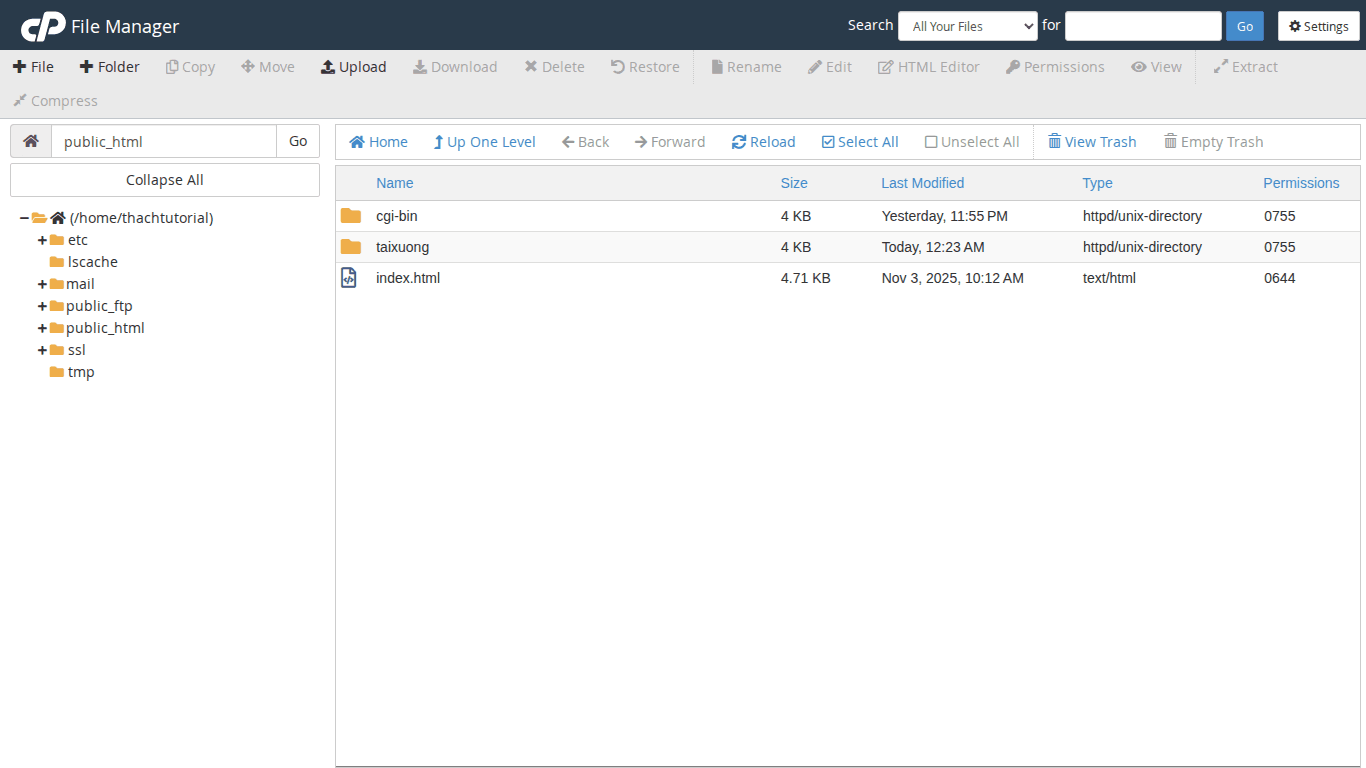 Hướng dẫn quản lý Disk Usage trên cPanel – Tìm và dọn file chiếm dung lượng 3 File Manager trên cPanel hiển thị danh sách file