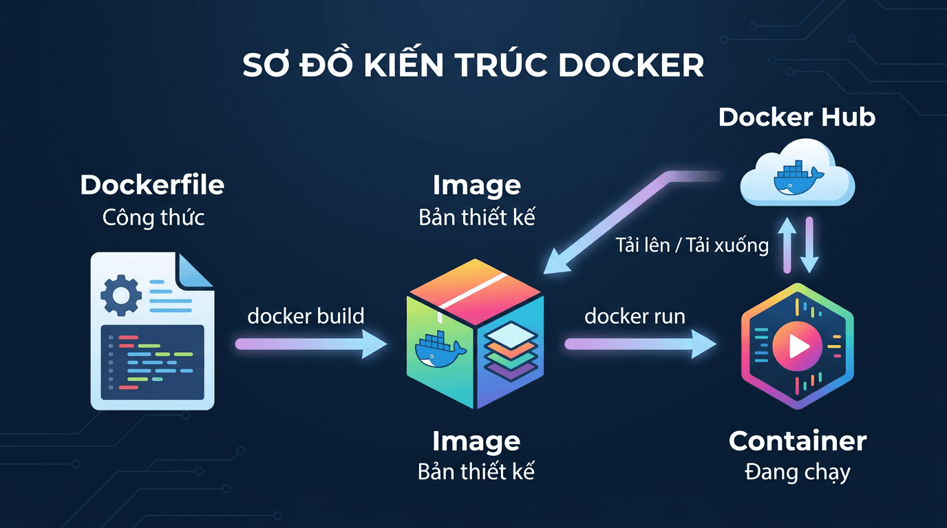 Docker là gì? Tại sao nên dùng Docker trên VPS 3 Kiến trúc Docker: Dockerfile, Image, Container, Docker Hub