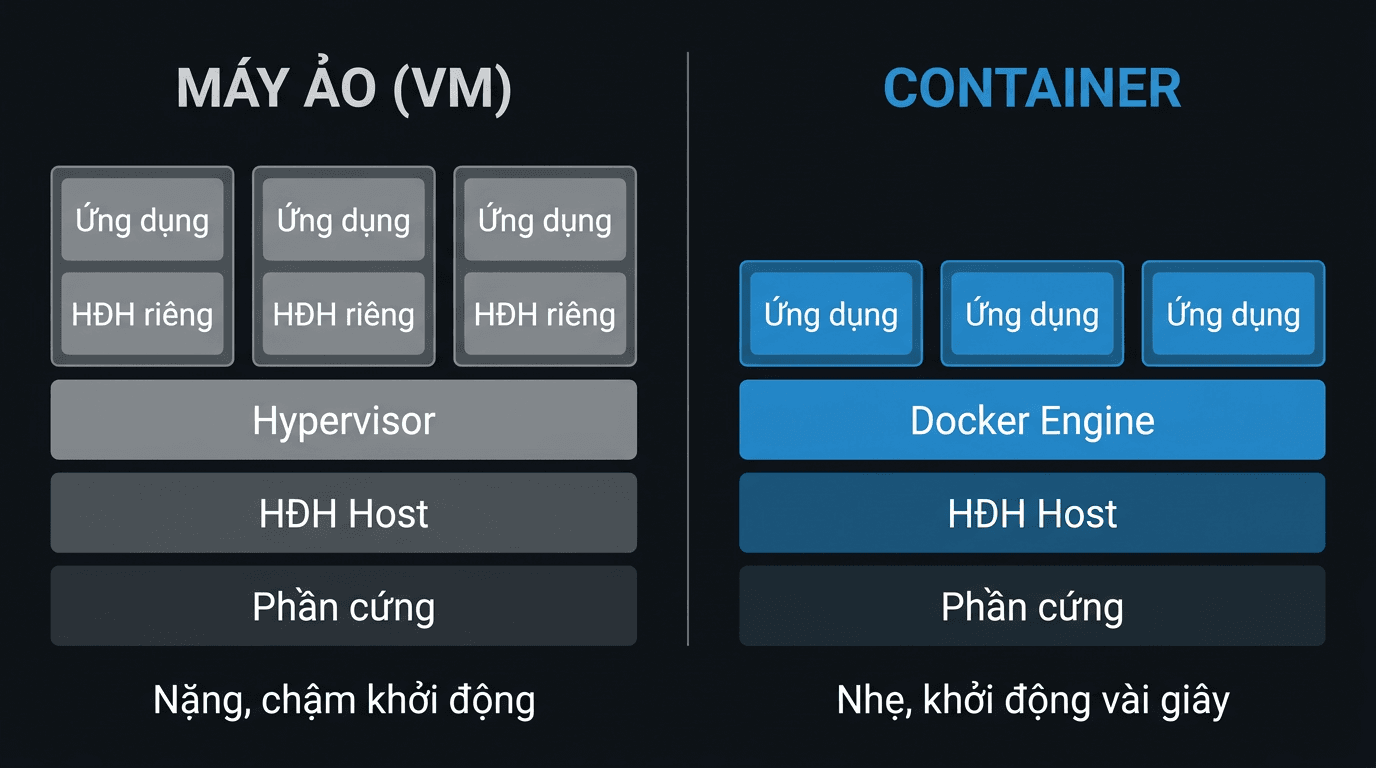 Docker là gì? Tại sao nên dùng Docker trên VPS 2 So sánh Container và Virtual Machine