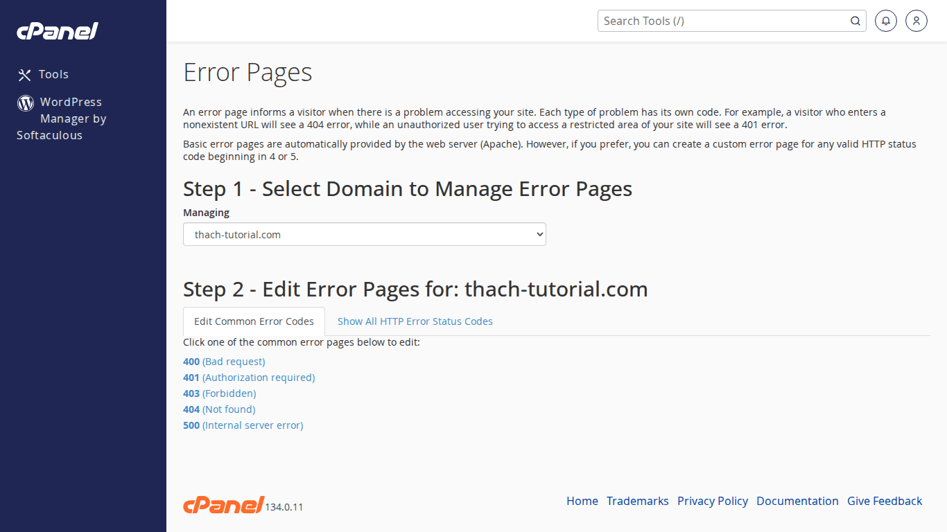 Hướng dẫn tuỳ chỉnh Error Pages trên cPanel – Trang lỗi 403, 404, 500 đẹp hơn 2 Giao diện Error Pages trên cPanel hiển thị danh sách mã lỗi