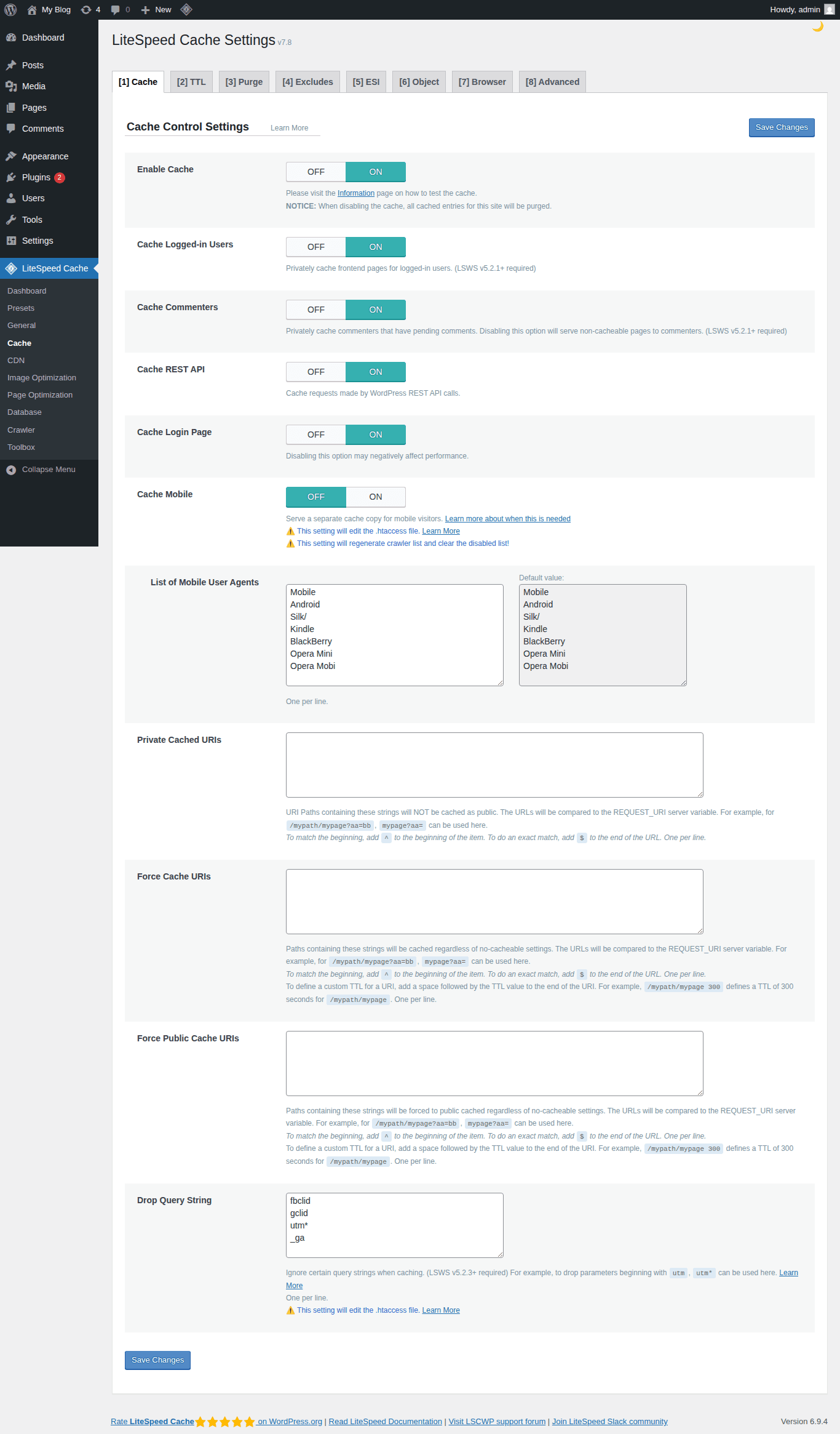 LiteSpeed Cache Settings - Tab Cache Control