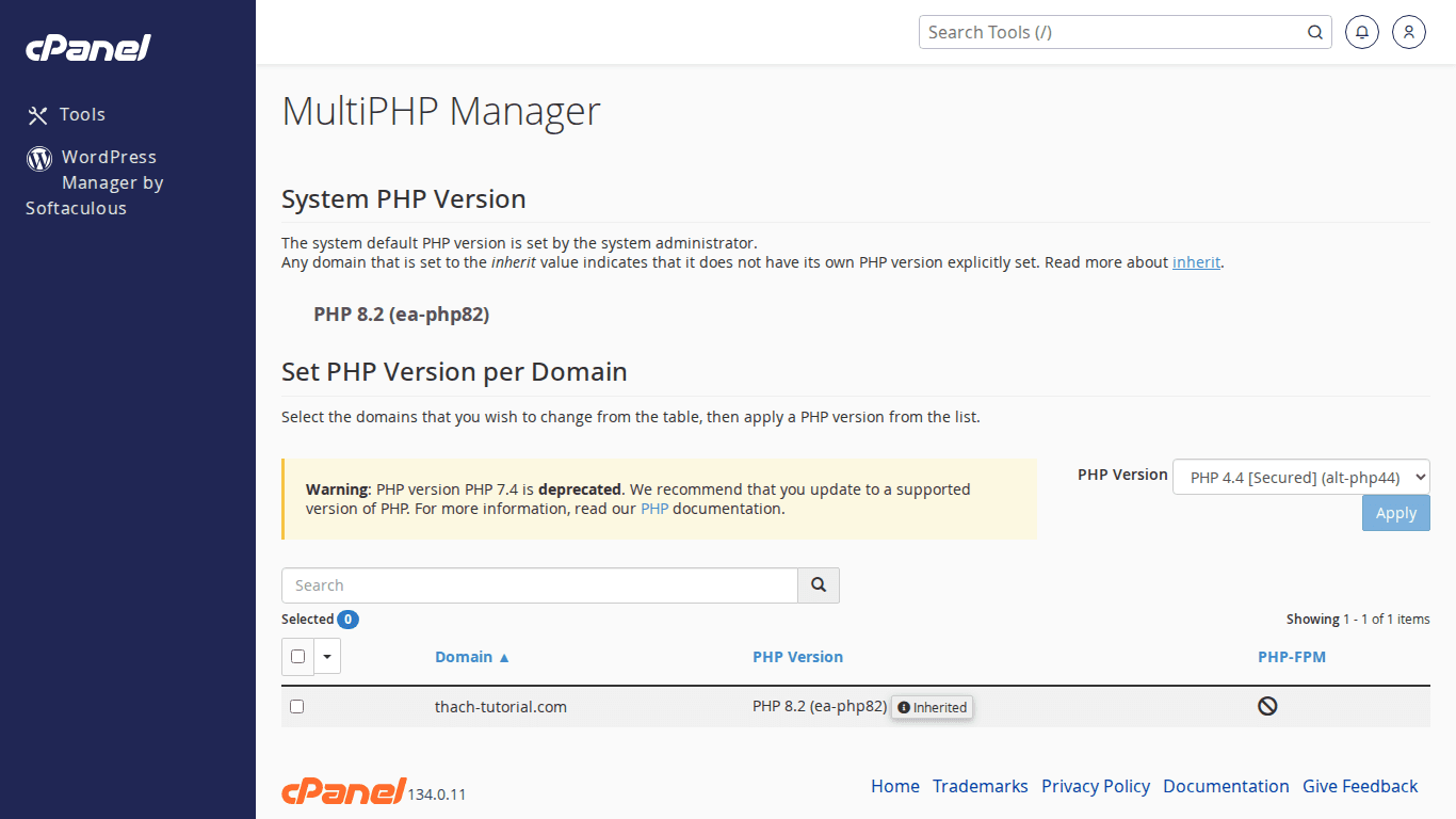Hướng dẫn sử dụng MultiPHP Manager trên cPanel — Đổi phiên bản PHP cho từng domain 2 Giao diện MultiPHP Manager trên cPanel