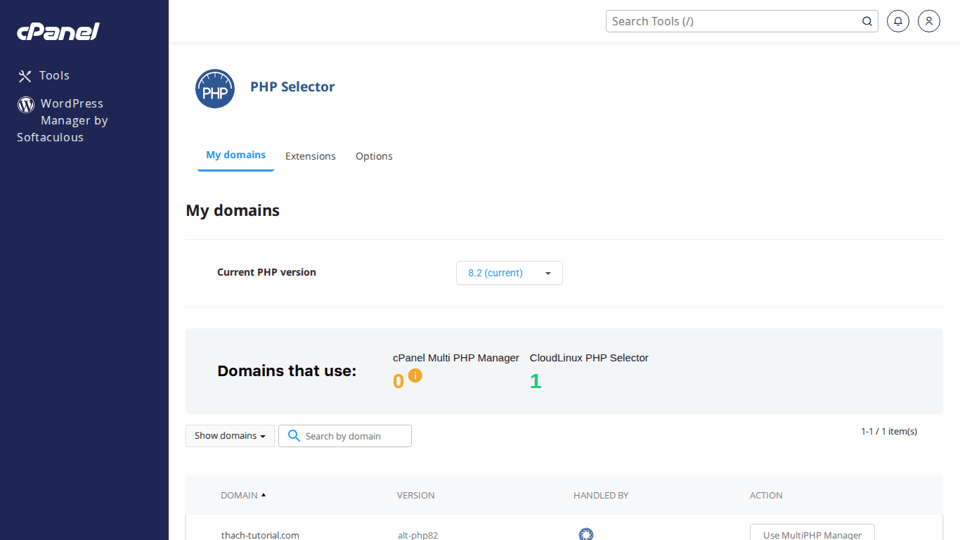 Hướng dẫn sử dụng MultiPHP Manager trên cPanel — Đổi phiên bản PHP cho từng domain 3 Select PHP Version cho phép bật tắt PHP extensions
