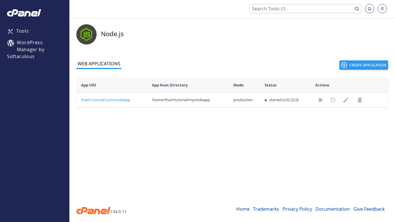 Giao diện Setup Node.js App trên cPanel hiển thị danh sách ứng dụng