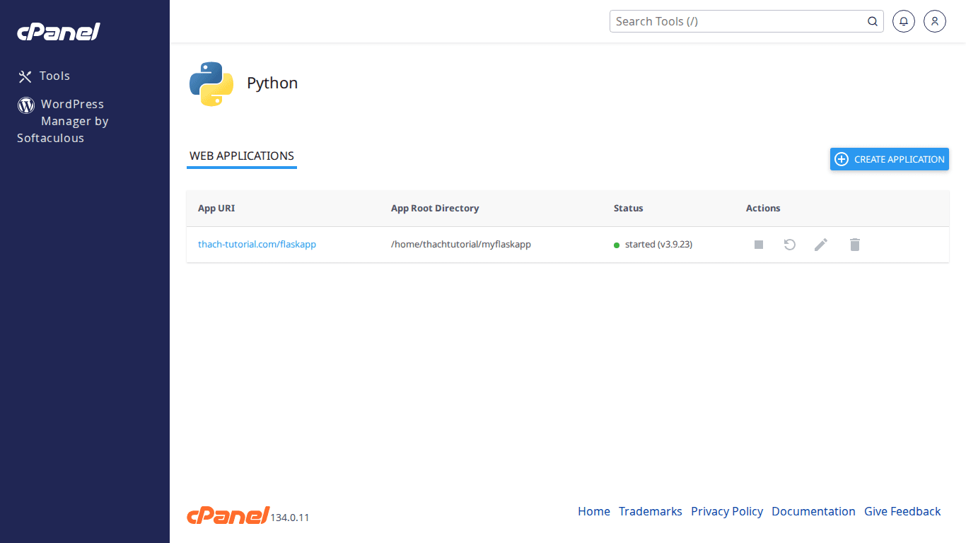 Hướng dẫn cài đặt ứng dụng Python Flask trên cPanel 2 Giao diện Setup Python App trên cPanel hiển thị ứng dụng Flask đã tạo