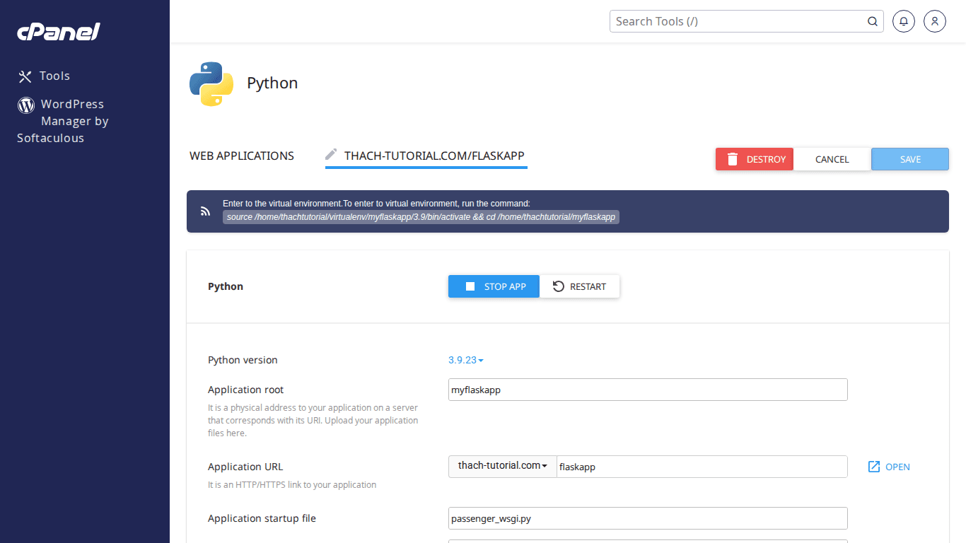 Hướng dẫn cài đặt ứng dụng Python Flask trên cPanel 4 Giao diện Edit app Python với nút Run Pip Install và Run Script