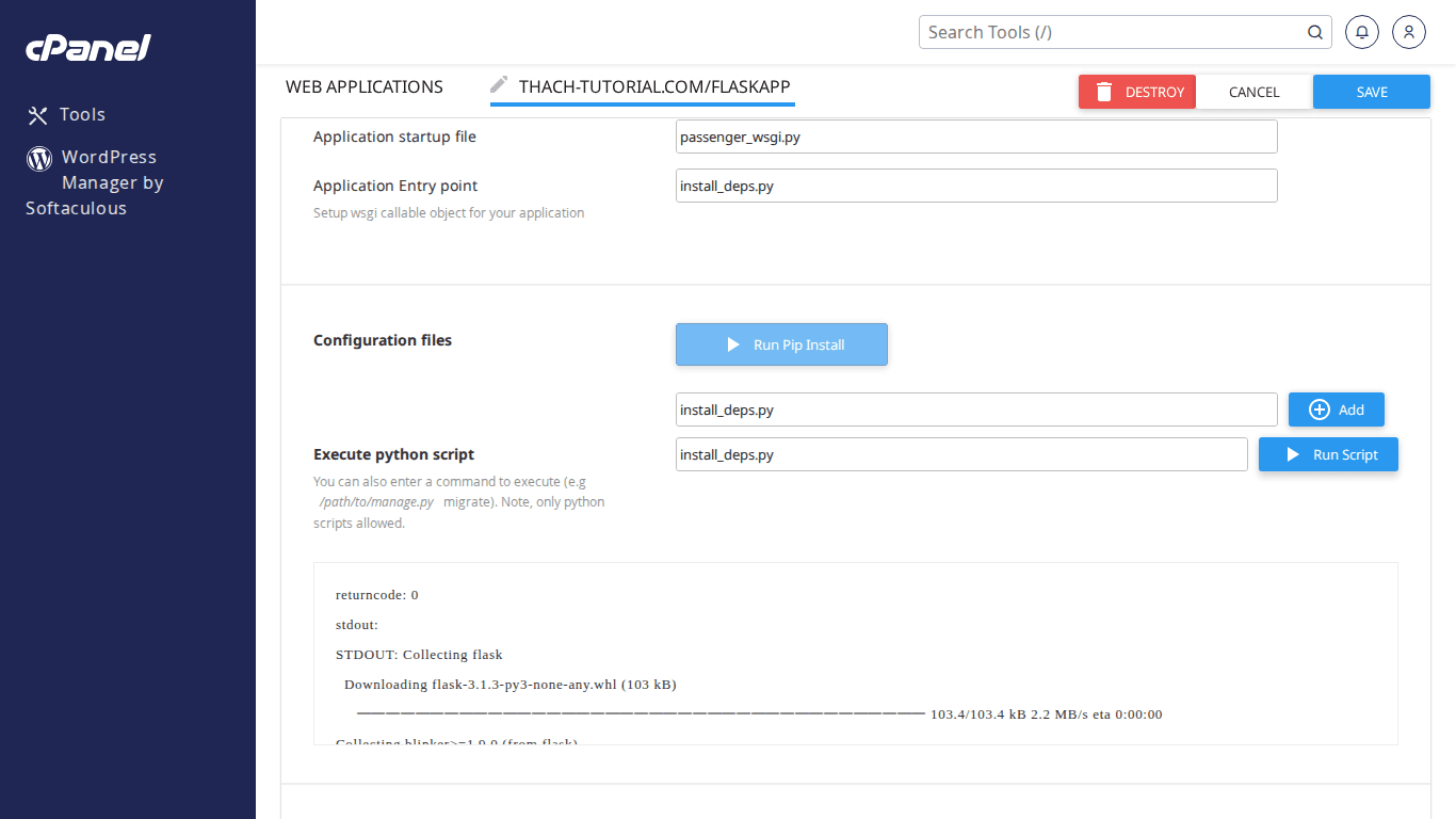 Hướng dẫn cài đặt ứng dụng Python Flask trên cPanel 5 Kết quả Run Script cài Flask thành công