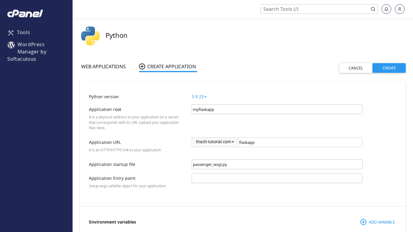 Hướng dẫn cài đặt ứng dụng Python Flask trên cPanel 3 Form tạo ứng dụng Python trên cPanel