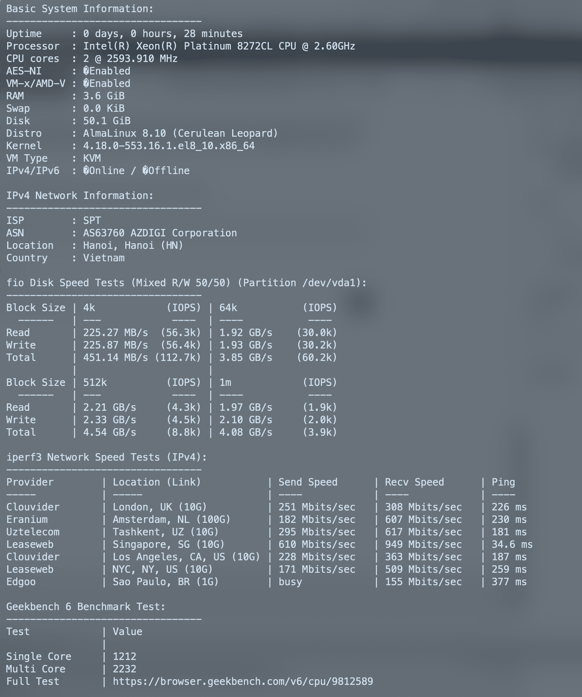 Cách kiểm tra tốc độ của VPS/máy chủ Linux 3 screenshot 2025 01 07