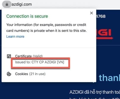 Chứng chỉ SSL là gì và các thông tin cần biết 2 Thông tin chứng chỉ SSL dạng EV trên trình duyệt