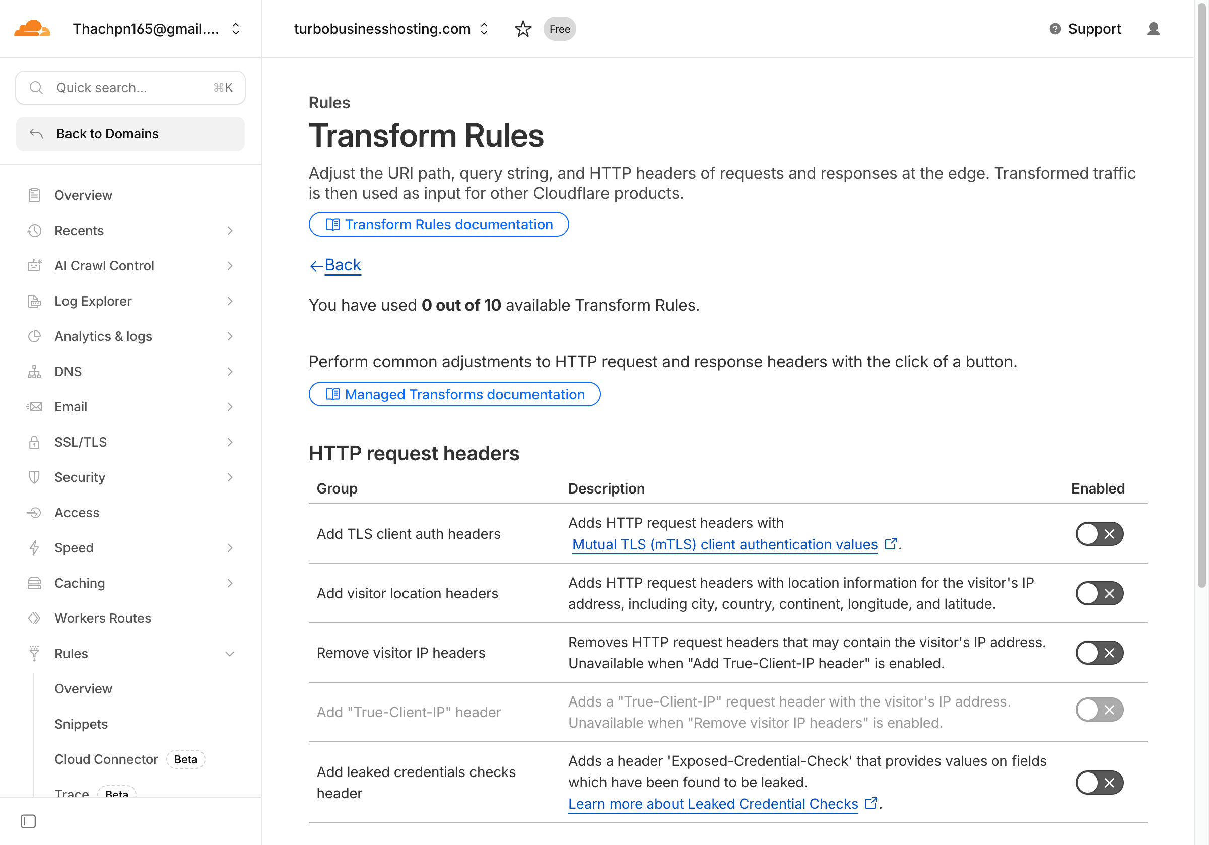 Managed Transforms với các toggle bật tắt