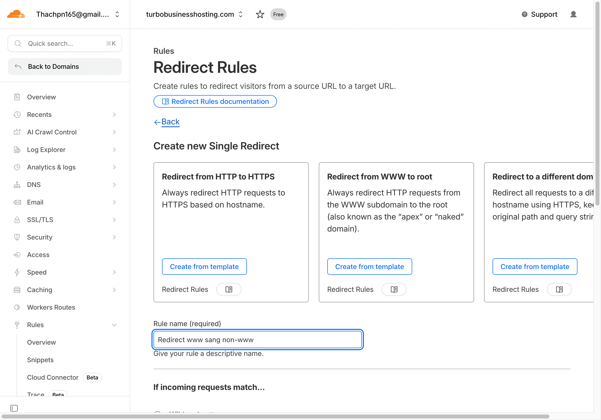 Form tạo Redirect Rule mới trên Cloudflare