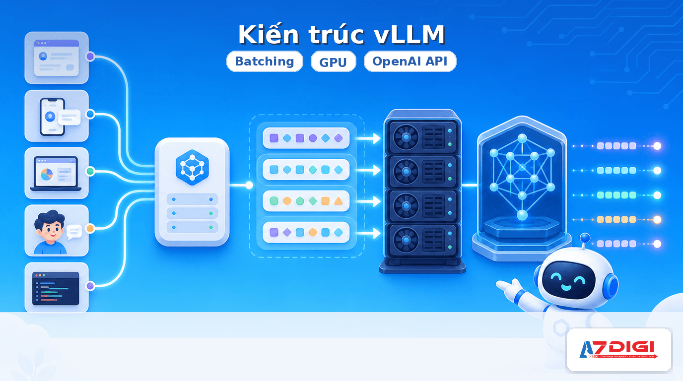 vLLM là gì? Khi nào nên dùng vLLM thay Ollama 3 Kiến trúc vLLM với batching, GPU và OpenAI API