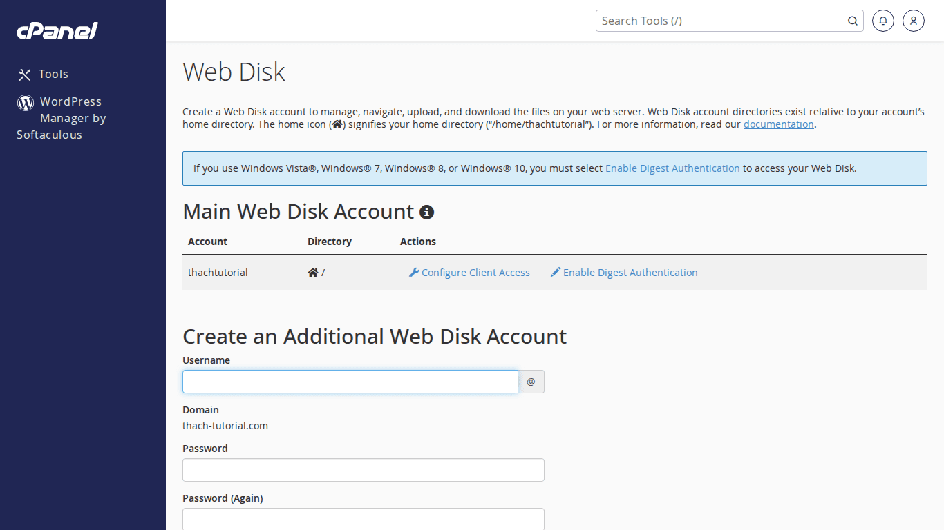 Hướng dẫn sử dụng WebDAV trên cPanel – Mount hosting vào máy tính như NAS 3 Form tạo tài khoản Web Disk